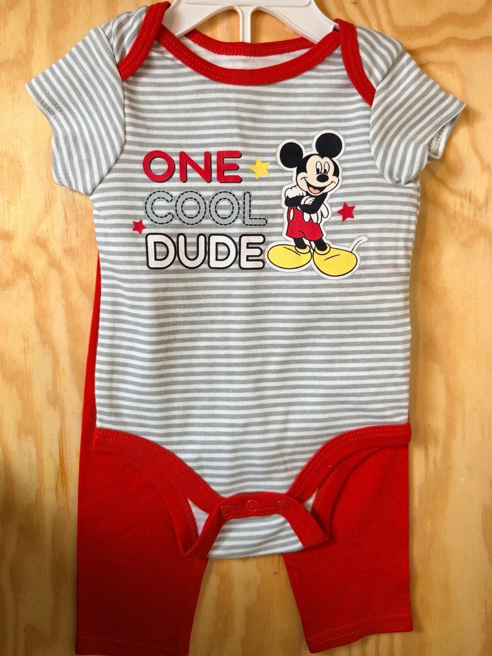 Disney Mickey Mouse Gray & Red Striped Baby One-Piece